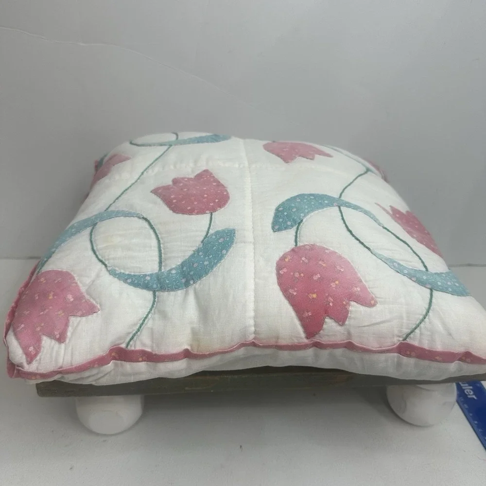 Vintage Tulip Quilt Block Handmade Pillow Pink White Green 15x15x4